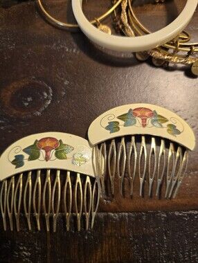 Vintage Cloisonné Enamel Floral Hair Combs Pair Brass Art Nouveau